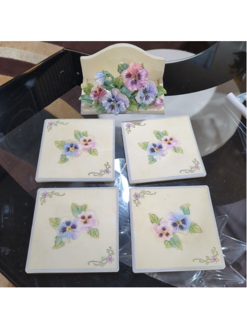 Richesca Pansies Coaster Set 4 Multi Pansy Holder Hand Painted